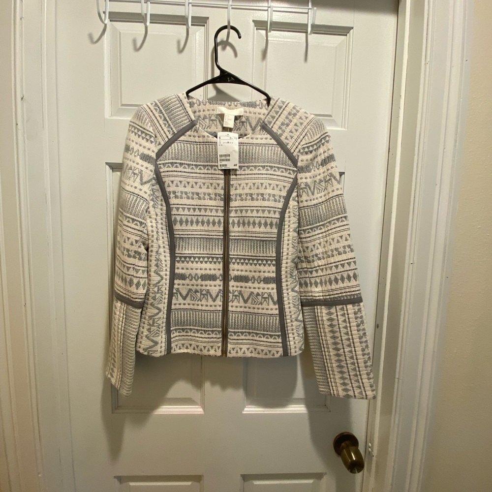 H&M Cream and Gray Geometric Zip Blazer